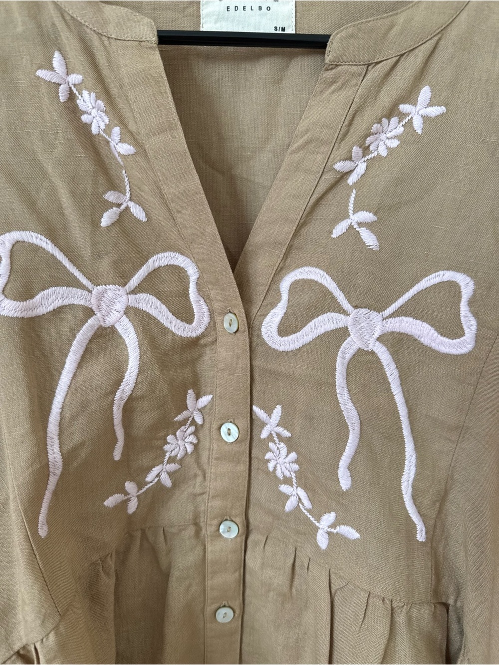 Sissel Edelbo Tan Embroidered Bow Peasant Blouse - Picture 2 of 5